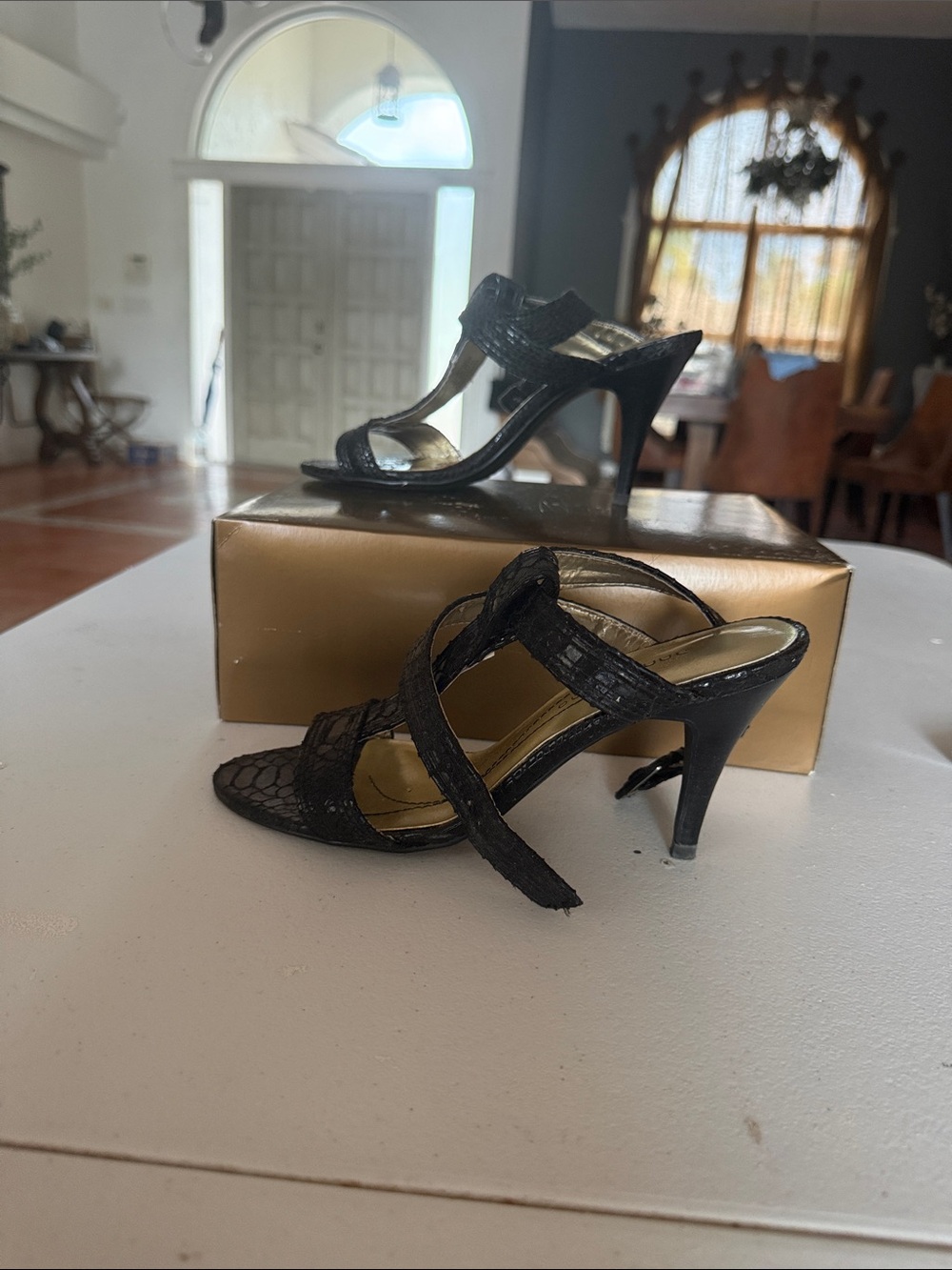 Ann Marino Black Croc-Texture Strappy High Heel Sandals
